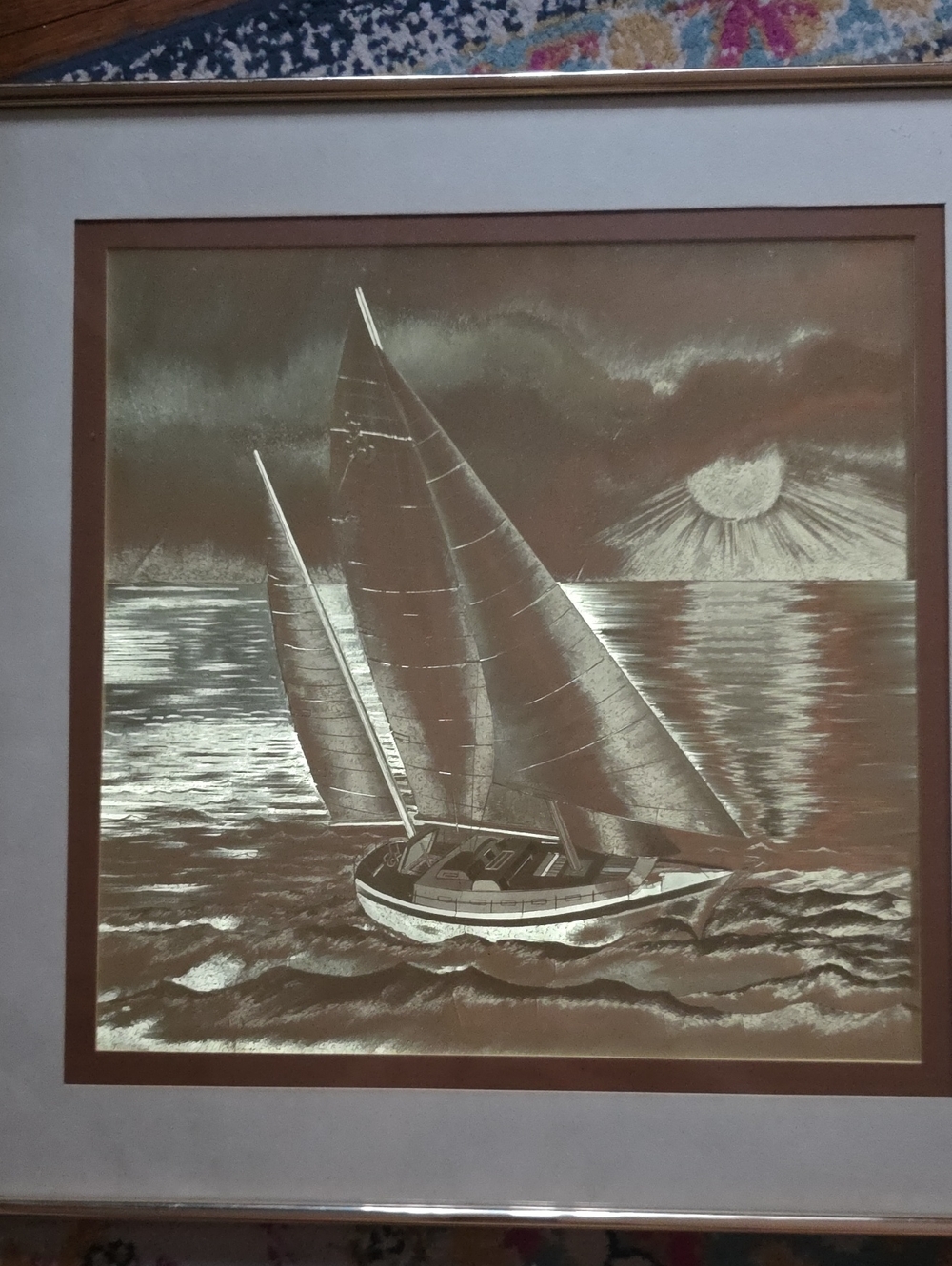 Metallic Silver Sailboat Artwork with Brown Mat
